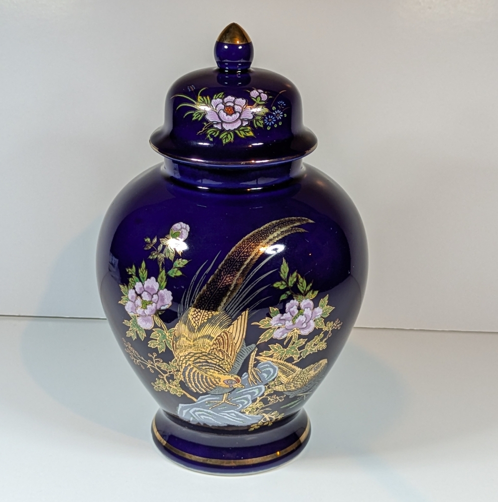 Vintage Cobalt Blue Ginger Jar Gold Bird Pheasant Pink Flowers 8.5"